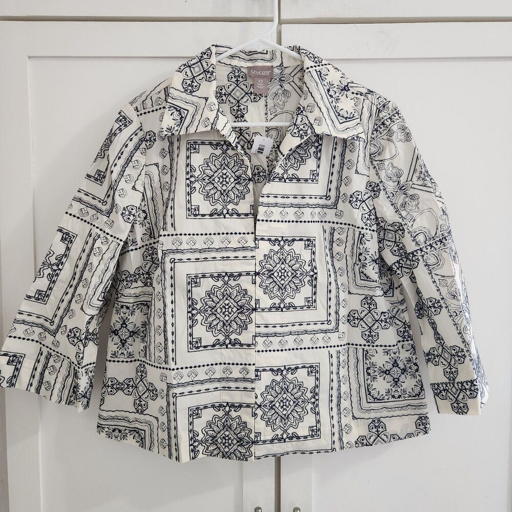 Chicos Small 0 White Embroidered Jacket Artisan Boho Small Mandala Artsy Peasant